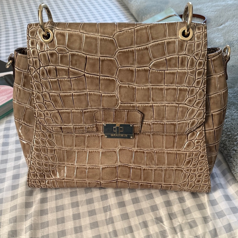 Brahmin Elegant Crocodile Embossed Tan Handbag